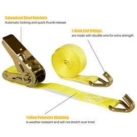 ARSKEN High-Strength 2 pcs Ratchet Tie Down Strap 1.77" x 197" for Heavy Equipment, with Strong J Hook and Corrosion Resistant Metal Button for Rack, Truck, Cargo, Moving & More-Yellow