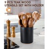Nucookery Wooden Cooking Utensils Set with Holder, Teak Wood Utensils,