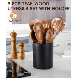 Nucookery Wooden Cooking Utensils Set with Holder, Teak Wood Utensils, Ceramic Holder for Countertop with Protection Cork Bottom, Nonstick Spoons, Spatula Set, 10 Pcs Kitchen Decor, (Stone Black)