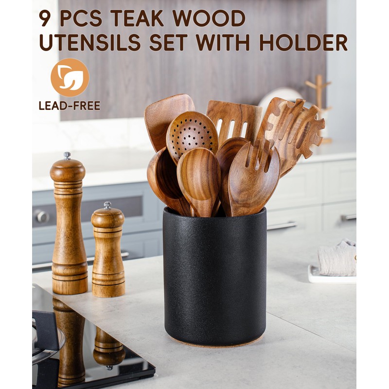 Nucookery Wooden Cooking Utensils Set with Holder, Teak Wood Utensils,