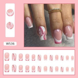 24Pcs Medium Press on Nails Square Fake Nails wiht Glitter Pink Butterfly and Heart/Love Designs False Nails French Tip Acrylic Nails Glossy Full Cover Stick on Nail for Women Nail Decorations