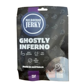 Melbourne Jerky, Premium Beef Jerky, Healthy Snack Alternative, High-Protein Snack, Wholesome, Tender, Juicy, Flavorful, MSA Grade, Australian Made, Ready-to-Eat, 50gms, Ghostly Inferno Flavored