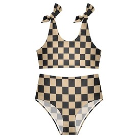 Girls Tankini Swimsuit 2 Piece Brown Plaid Chessboard Summer Bikini Bathing Suit 7-8T