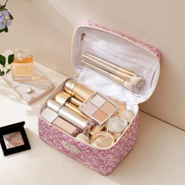 HBselect Christmas Gifts Large Quilted Makeup Bag, Cute Cotton Travel Makeup Bag with Handle, Portable Coquette Floral Make up Bags, Toiletry Organizer Make up Bags for Women Teen Girls Mom