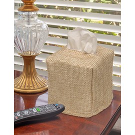 Funda para caja de pañuelos – Decoración de baño de granja, accesorios de baño – Funda de arpillera rústica – Talla única para la mayoría de los soportes de papel de cartón – Dispensador de pañuelos de cubo cuadrado – Fabricado en Estados Unidos