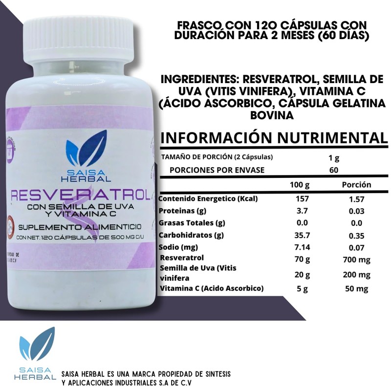 Resveratrol 120 Cápsulas con Semilla De Uva Y Vitamina C