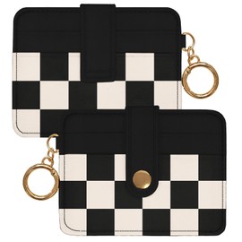 WRIGAEL Slim Wallet for Women Ladies Teen Girls Female Credit Card Holder Cute Aesthetic Unique Modern RFID Checkered Cardholder Keychain, Black Black White