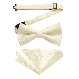 HISDERN Bow Tie with Pocket Square for Men Plain Adjustable Tuxedo Bow Tie for Wedding Party, K Champagne 1