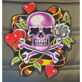 PURPLE SKULL WITH ROSES AND HEARTS LARGE BIKER PATCH IRON ON 10 INCHES