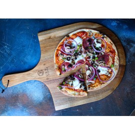 Premium Acacia Pizza Peel (Extra Large) and Rocker Blade Pizza Cutter Set, Pizza Peel 16 inch, Gourmet Wooden Pizza Paddle / Spatula / Board, Size 14" W x16" L, 22" L Overall including handle