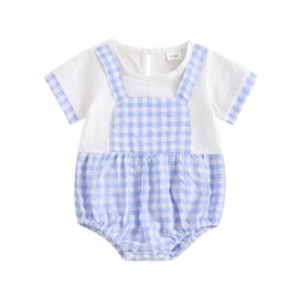Newborn Baby Boys Girls Ginghem Romper Short Sleeve Plaid Patchwork Bodysuit Tops Unisex Baby Summer Clothes (Blue, 9-12 Months)