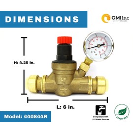CMI Inc 3/4 in Push Connect. Water Pressure Regulator Valve, Adjustable Water Pressure Reducer with Test Gauge for RV Camper, Travel Trailer, Water Hose