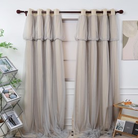 INLINAS 52W x 84L Inch Blackout Curtains with Wedding Backdrop Style Sheer Overlay Thermal Noise Reduction for Bedroom and Living Room Energy Saving Panels, Beige Curtains with Grey Sheer
