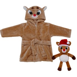 2 Piece Plush Robe and Toy Set for Baby witih Embroidered Hood, Plush Rudolph 8 inch Toy included, Infant 0-9M (Rudolph, Tan) Christmas Theme