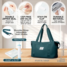 Foldie Large Travel Tote Bag Vacuum Seal Bags for Clothing with Hand Pump Waterproof Expandable Personal Item Duffel Gym Bag Weekender Carry On luggage Bag Airlines Travel Essentials Women PeacockBlue