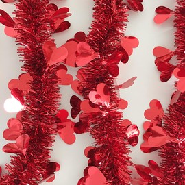 FSSTUD 4 Pcs Valentine's Day Heart Tinsel Wreaths Metallic Twisted Garland Long Glitter Hanging Streamers Shiny Christmas Tree Ornaments for Party Holiday Red