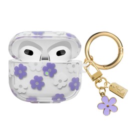 AIIEKZ Compatible with AirPods 3 Case Cover 2021, Soft TPU Case with Cute Flower Pattern for AirPods 3rd Generation Case with Flower Keychain and Carabiner for Girls Women (Purple)