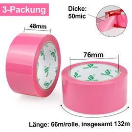 BOMEI PACK 3 Rolls of Parcel Tape 66 m x 48 mm, Rose, Set of 3, for Parcels, Moving Boxes and Packaging - Good Adhesion | Parcel Tape | Packing Tape | Parcel Tape with Plastic Dispenser