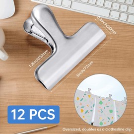 Clips de Bolsa de Acero Inoxidable - 12 Pinzas de 3 Pulgadas para Cerrar Alimentos, Café y Más - Uso en Casa, Cocina, Oficina
