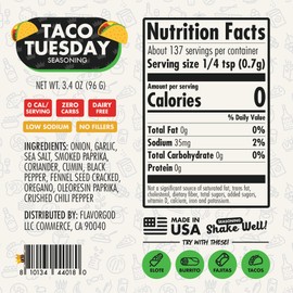 Taco Tuesday Seasoning Mix by Flavor God - Premium All Natural & Healthy Spice Blend for Grilling Chicken, Beef, Seafood, Vegetables, Salad, Ravioli, Pizza, & Pasta - Kosher, Gluten-Free, Dairy-Free, Vegan, Keto Friendly