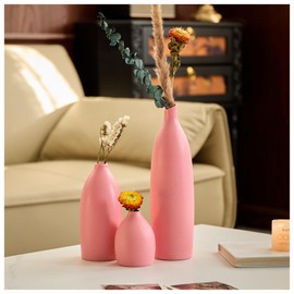 Matte Pink Vase Set of 3 - Modern Boho Aesthetic Bud Ceramic Vases Home Decor - Centerpieces Decor for Dining Table Living Room Coffee Table Bookshelf Mantle Entrance Console Decorations (Pink)
