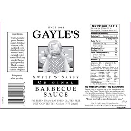 Gayle's Sweet 'N' Sassy Original BBQ Barbecue Barbeque Sauce, 1 Gallon