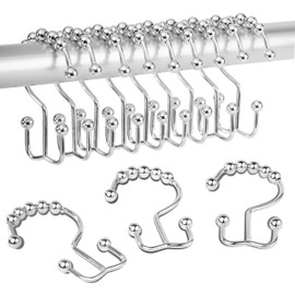 DAWNER Shower Curtain Hooks Rings, Rust Proof Hooks, Metal Easy Glide Double Shower Rings Hooks, Stainless Steel Shower Curtain Hangers for Bathroom Shower Curtains, Set of 12 Hooks, Polished Chrome