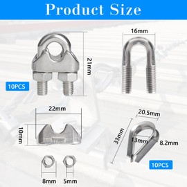 YEYIT Pack of 20 M5 Rope Clamps and M5 Thimble Rope Clips, Wire Rope Clips, 5 mm Stainless Steel Bow Clamps, M5 Bow Rope Clamp, Wire Rope Clamp for Steel Cable, Steel Wire, M5 Cable Clamp, Rope Clamp
