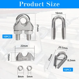 YEYIT Pack of 20 M5 Rope Clamps and M5 Thimble Rope Clips, Wire Rope Clips, 5 mm Stainless Steel Bow Clamps, M5 Bow Rope Clamp, Wire Rope Clamp for Steel Cable, Steel Wire, M5 Cable Clamp, Rope Clamp