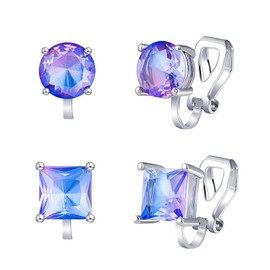 YOQUCOL 2 Pairs 8MM Aurora Purple-Blue Color Zirconia Crystal Clip On Earrings Non Pierced Stud Earrings For Women, Crystal, Cubic Zirconia