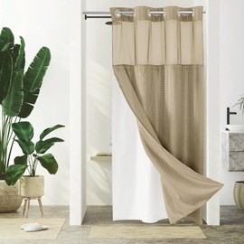 Gibelle No Hook Waffle Weave Shower Curtain with Snap-in Fabric Liner Set for Bathroom, Hotel Style with Mesh Top Window, Waterproof & Washable, Ombre Sage Green, 72x74