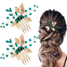 HINZIC 2Pcs Bridal Hair Combs, Green Crystal Emerald Turquoise Hair Pins, Gold Leaves Wedding Hairpiece Clips Accessories for Women Girls Party Bride Prom Engagement