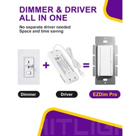 HitLights LED Driver and Dimmer Switch in One 160W, 120V AC to 24V DC, Compatible with Most Solid Color 24V Strip Tape Lights, UL Listed, Single-Pole/3-Way, EZDim Pro, White