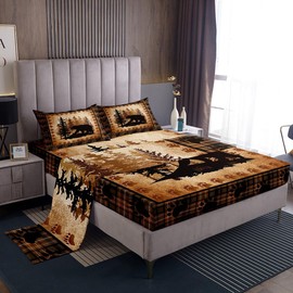 Castle Fairy Bear Print Bed Sheet Set Queen Size,Wild Animal Hunt Pine Trees Retro Bedding Set for Children Adult,Rustic Grid Plaid Cabin Decor Sheet Sets with Flat, Fitted Sheet, 2 Pillowcases