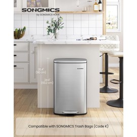 SONGMICS 13 Gallon (50 L) Trash Can, Stainless Steel Kitchen Garbage Can, Recycling or Waste Bin, Soft Close, Step-On Pedal, Removable Inner Bucket, Silver ULTB050E01