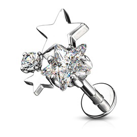 PiercedOff 316L Surgical Steel Labret with Clear CZ Star Cluster - Length 6mm Width 1.2mm