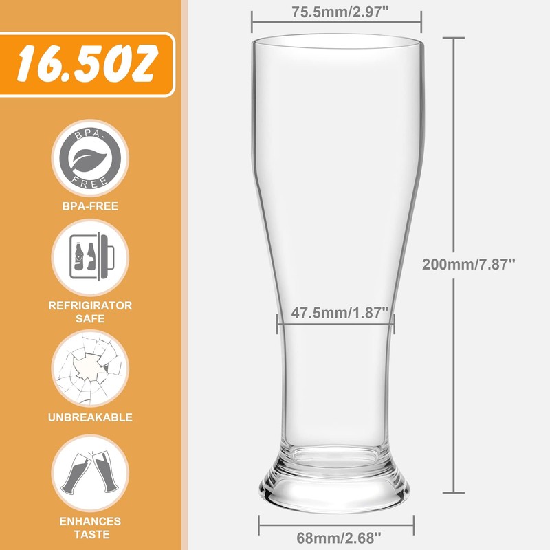 MICHELY Unbreakable Tall Pilsner Beer Glasses Set of 4 (16.5