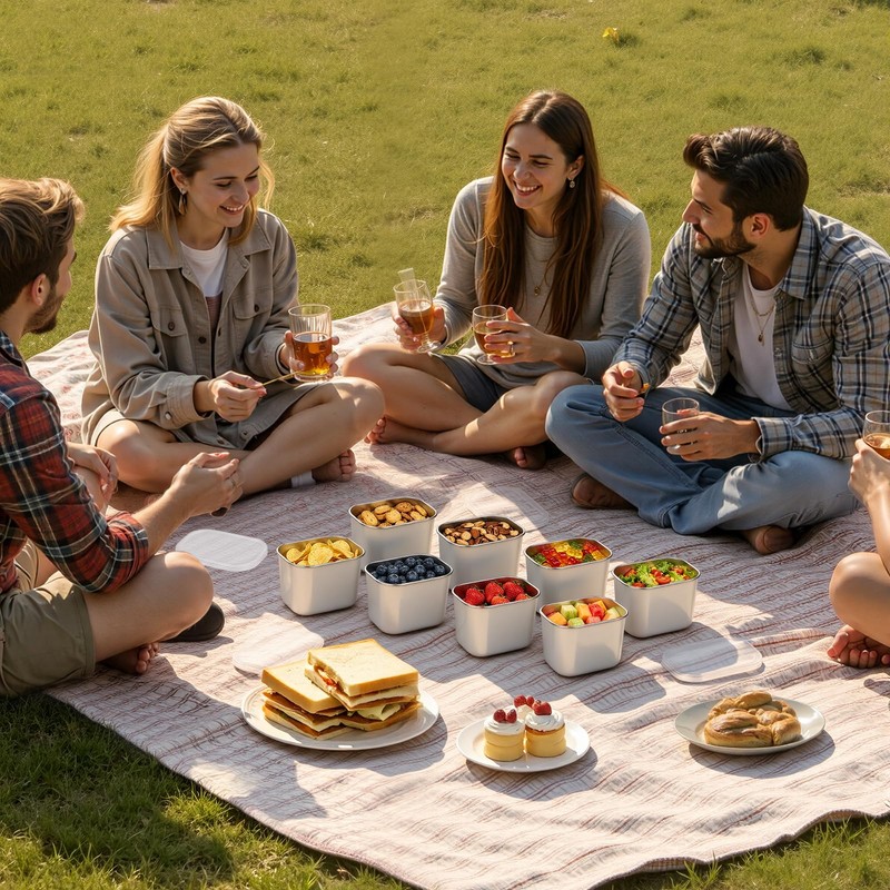 Snackle Box Container, 8 Stainless Steel Compartments with Individual Lids