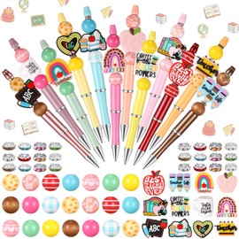Geyee 12 Set Beadable Pens Assorted Bead Pens Wood Crystal Round Spacer Set Black Ink DIY Ballpoint for Women Men Gift Office Supplies (Multicolor,Teacher)