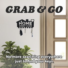 JJ PRIME - Black Key Holder for Wall | Key Hooks Wall Mounted with 7 Hooks | Key Rack House Key Holder Wall Mounted | Key Hooks for Wall Mounted Key Holder Hallway, Office, Entryway (Home Sweet Home)