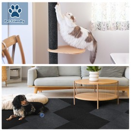 CUCOS 10Pcs Carpet Tiles Peel and Stick, 12"x 24" Thin Floor Adhesive Tiles Mat, Rectangular Carpet Non-Slip Tiles, Waterproof Carpet for Living Room Bedroom Dark Gray