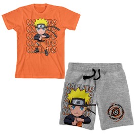 Naruto Shippuden Chibi Naruto Boy's T-Shirts Graphic Tee and Shorts Set-Small Orange