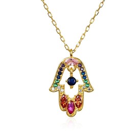 Alef Bet by Paula Colorful Gold Hamsa Necklace for Women with Colorful Cubic Zirconia Gemstones