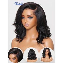 Nadula Light Yaki Wavy Bob Drawstring Wig human Hair with Blow Out Bangs - 13X4 HD Pre Everything Glueless Lace Front Wig with Ear Tape Pre Plucked Bye Bye Knots Short Yaki Bob Wig 10inch