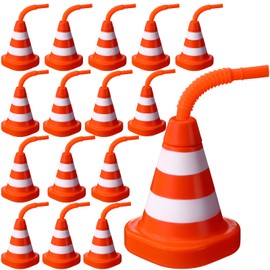 Sawysine 16 Pack Construction Cone Cups with Straws Bulk, Traffic Cones Party Favor 10 oz Plastic Reusable Kids Race Set for Theme Racing Car Birthday Supplies