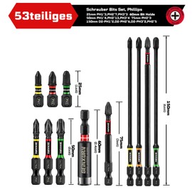 GEINXURN Phillips Screwdriver Bit Set Impact Resistant PH1 PH2 PH3 25 mm 50 mm 75 mm 150 mm Length 1/4 Inch Hex Shank S2 Alloy Steel Bit Set with 1 Piece 60 mm Magnetic Bit Holder, Ultra Colour Code