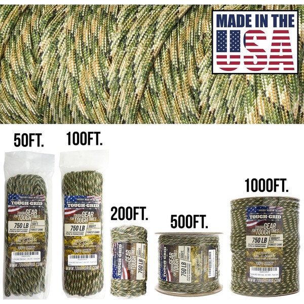 TOUGH-GRID 750lb Forest Camo Paracord/Parachute Cord - Genuine Mil Spec Type IV 750lb Paracord Used by The US Military (MIl-C-5040-H) - 100% Nylon - 100Ft. - Forest Camo
