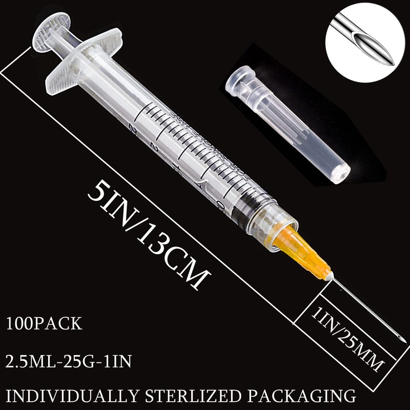 100 Pack 2ml (2.5ml) Plastic Luer Lock Syringa with 25Ga