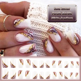 Purple White Smudge Press on Nails with Marble Design, Glossy Gold Glitter Medium Square False Nails Gel Glue on Nails, Gradient Manicure Art Acrylic Fake Nails Stick on Nails for Women Girls 24Pcs