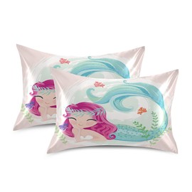 Dalzium Cute Mermaid Satin Pillowcase for Hair and Skin, Ocean Mermaid Girl Silk Pillow Case with Envelope Closure, Queen Size 20x30 inches, Pink, 1 PC